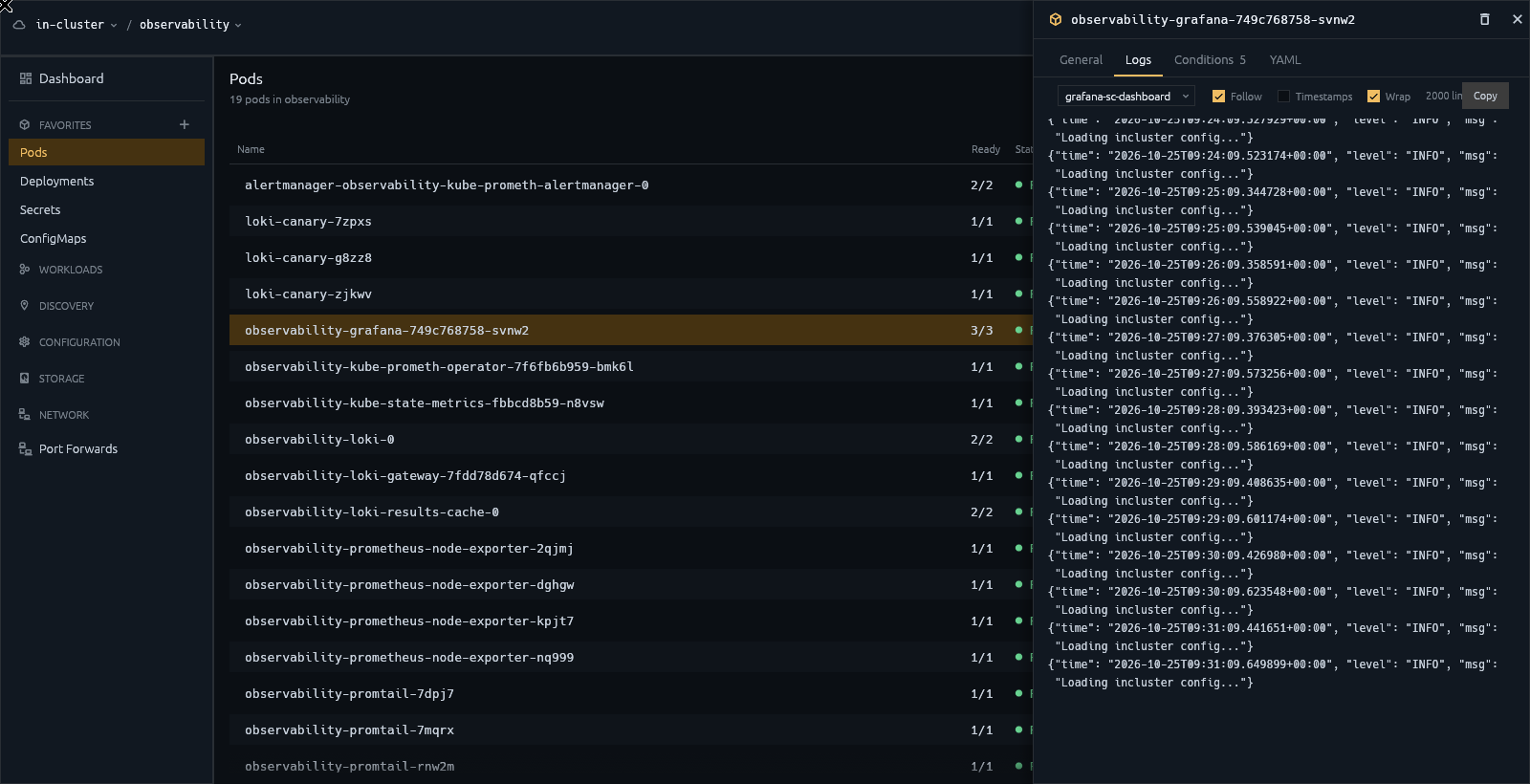 KubeTitan with a pod's logs open in the resource drawer